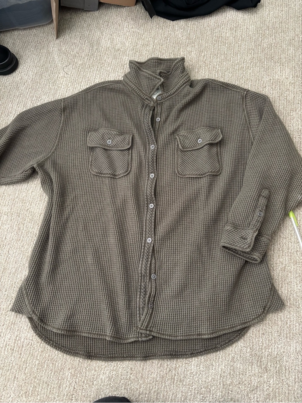 aerie Olive Waffle-Knit Button-Front Shirt Jacket